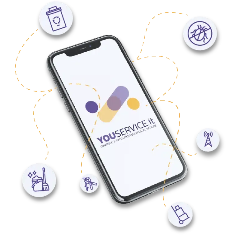 immagine di un cellulare con logo www.youservice.it e icone dei vari servizi